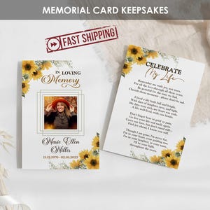 IMPRIMÉS Cartes commémoratives Tournesols avec photo | Cartes de prière funéraires florales jaunes personnalisées pour une célébration de la vie | Portefeuille, 5 x 7 pouces -MARIE
