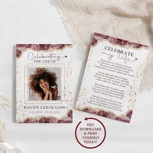 DIY EDITABLE Memorial Card Template | Funeral Prayer Card for Woman | Wine Red & Gold Celebration of Life Poem | 2x3.5, 3.5x5, 5x7 -RAVEN