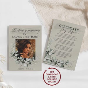 DIY EDITABLE Funeral Prayer Card Template for Woman | Greenery Celebration of Life Poem | Memorial Prayer Card | 2x3.5, 3.5x5, 5x7 - LAUNA