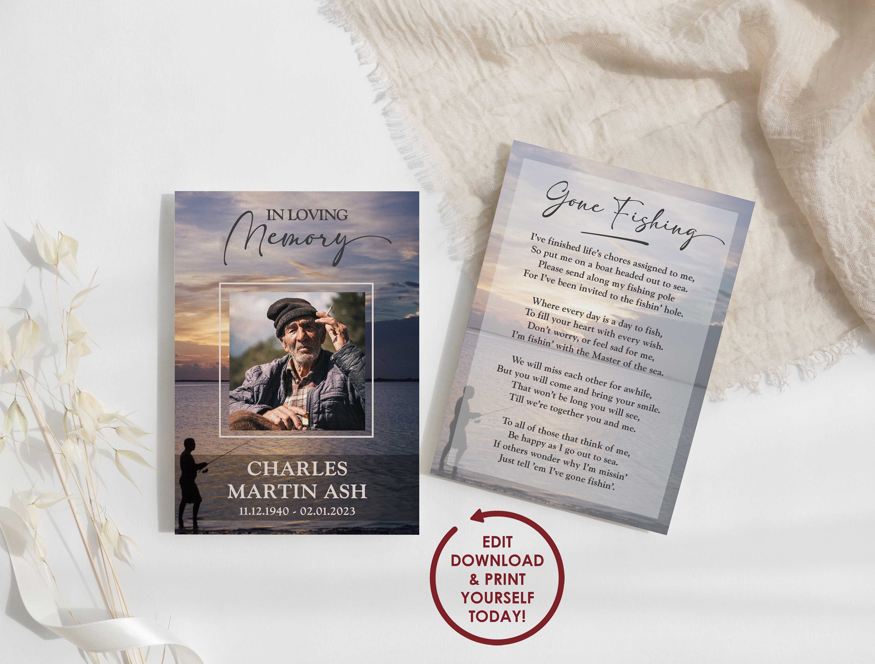 DIY EDITABLE Fisherman Themed Prayer Card Template | Fishing Funeral