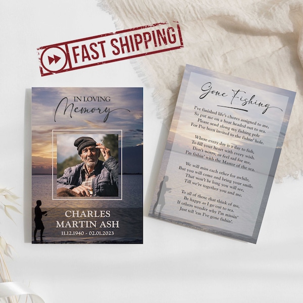 PRINTED Memorial Cards for Fisherman | Custom Fishing Funeral Prayer Cards for Celebration of Life Keepsake | Wallet A1 A2 5x7 | CHARLES