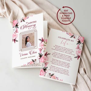 DIY EDITABLE Funeral Program Template | Celebration of Life Booklet | Pink Floral Memorial Program Obituary Template | 5x7, 5.5x8.5 - VIVIAN
