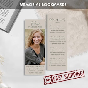 Peut inclure: Marque-pages commémoratifs avec photo et poème. L'un des marque-pages présente une femme souriante avec le texte "Forever in Our Hearts". L'autre marque-page contient un poème intitulé "Remember Me". Le bas du marque-page photo indique "In Loving Memory of Jennifer Thebaud."