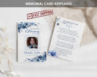 PRINTED Memorial Cards Custom Floral Blue Flowers Funeral Card | Personalized Celebration of Life Wallet Remembrance Prayer Cards | - SANDRA