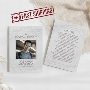 Bordure géométrique de cartes commémoratives IMPRIMÉES | Cartes de prière funéraires minimalistes | Simple personnalisé Célébration de la vie | Portefeuille 5 x 7 | KYLE