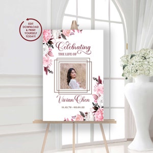 DIY EDITABLE Funeral Welcome Sign | Celebration of Life Poster Board | Large Funeral Placard | Large Memorial Service Photo | VIVIAN