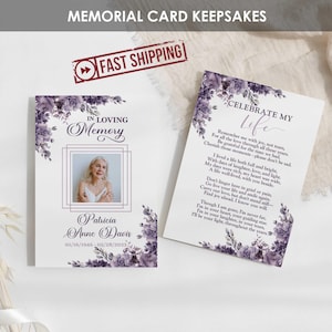 Cartes commémoratives IMPRIMÉES | de prières funéraires florales violettes personnalisées | Flyer personnalisé Célébration de la vie | Portefeuille A1 A2 5x7 - PATRICIA