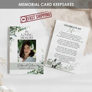 Cartes commémoratives imprimées pour une célébration de la vie | Cartes personnalisées de prière pour les funérailles de verdure d'eucalyptus | Portefeuille A1 A2 5 x 7 | Déborah