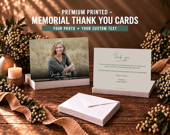 May include: A set of memorial thank you cards featuring a photograph of a person in a field on the front and a printed thank you message on the back. The cards are accompanied by a stack of white envelopes, all displayed in a professional layout.