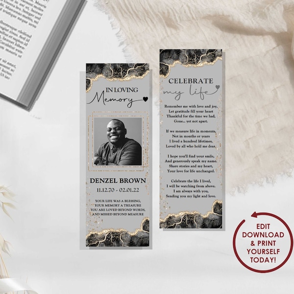 DIY EDITABLE Memorial Bookmark Template | Funeral Favor | Gray Printable Celebration of Life Bookmark Keepsake | 2x6, 2.5x7 - DENZEL