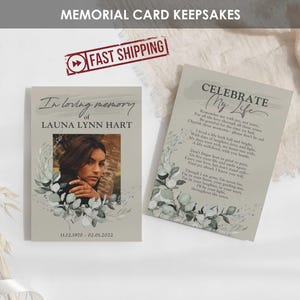 Cartes commémoratives IMPRIMÉES | Cartes de prière personnalisées pour les funérailles | Verdure d'eucalyptus poème personnalisé de célébration de la vie | Portefeuille A1 A2 5 x 7 | LAUNE