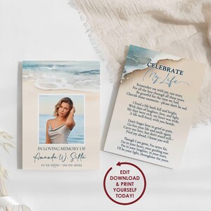 DIY EDITABLE Beach Themed Memorial Card Template | Ocean Themed Funeral Prayer Card | Celebration of Life Flyer | 2x3.5, 3.5x5, 5x7 - AMANDA