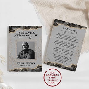 DIY EDITABLE Memorial Prayer Card Template | Celebration of Life Poem | Memory Cards | Gray & Gold Funeral Card | 2x3.5, 3.5x5, 5x7 - DENZEL