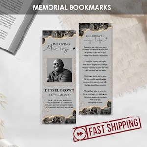 PRINTED Memorial Bookmarks Modern Black & Grey | Personalized Funeral Bookmark | Custom Celebration of Life or Funeral Favor Poem | DENZEL