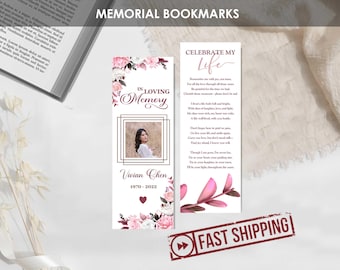 PRINTED Memorial Bookmarks Soft Pink Floral | Personalized Funeral Bookmark | Custom Celebration of Life or Funeral Favor Poem | VIVIAN
