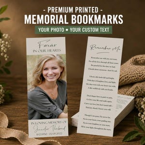 PRINTED Memorial Bookmarks Minimalist | Personalized Funeral Bookmark |  Custom Celebration of Life or Funeral Favor with Poem | JENNIFER