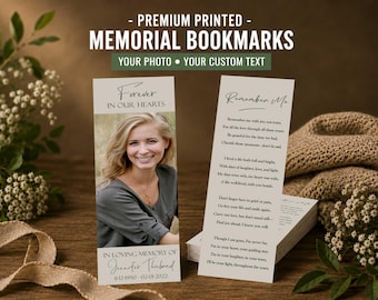 PRINTED Memorial Bookmarks Minimalist | Personalized Funeral Bookmark |  Custom Celebration of Life or Funeral Favor with Poem | JENNIFER