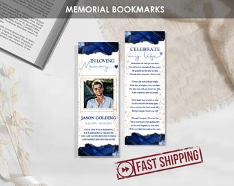 PRINTED Memorial Bookmarks Blue & Gold | Personalized Funeral Bookmark | Modern Custom Celebration of Life or Funeral Favor and Poem | JASON