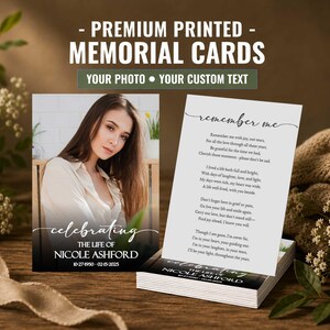 May include: A stack of rectangular memorial cards featuring a portrait of a person on the front and a poem titled remember me on the back. The text reads celebrating the life of Nicole Ashford with the dates 10-27-1950 - 02-15-2025 printed below.