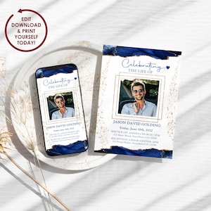 DIY EDITABLE Funeral Invitation Template | Blue & Gold Celebration of Life Announcement Electronic Funeral Evite for Memorial Service -JASON