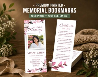 May include: Two rectangular memorial bookmarks with white backgrounds, pink floral accents, and dark text. One displays a photo of a person, the name Vivian Chen, dates, and the phrase In Loving Memory. The other features the text Celebrate My Life.