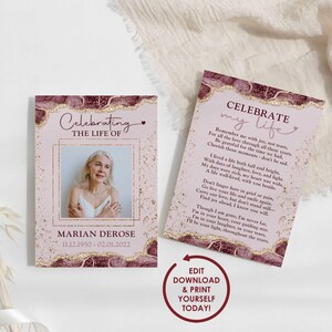 DIY EDITABLE Memorial Card Template | Pink & Gold Funeral Prayer Card for Woman | Celebration of Life Poem | 2x3.5, 3.5x5, 5x7 - MARIAN