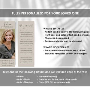 Pode incluir: Modelo de cart&atilde;o de mem&oacute;ria personalizado com foto e poema. O cart&atilde;o apresenta o texto "Forever in Our Hearts" e "Remember Me". O modelo &eacute; totalmente personaliz&aacute;vel, permitindo altera&ccedil;&otilde;es de texto, fonte, cor e foto.