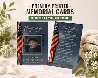 PRINTED Memorial Cards for Veteran | Custom Funeral Prayer Cards | USA American Flag Celebration of Life Photo Card | Wallet 5x7 | WILLIAM