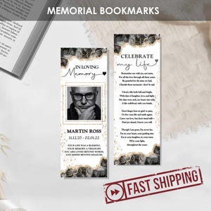 PRINTED Memorial Bookmarks Modern Black White Gold | Personalized Funeral Bookmark | Custom Celebration of Life or Funeral Favor| MARTIN