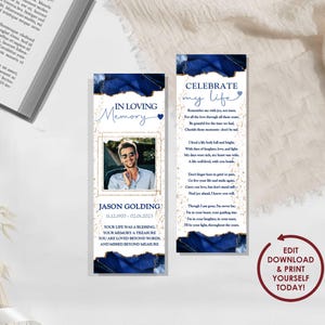 DIY EDITABLE Blue Bookmark Template for Celebration of Life | Memorial Bookmark for Man | Blue Printable Obituary Bookmark Keepsake - JASON