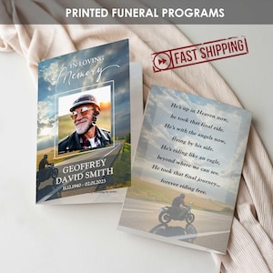 May include: Two printed funeral programs. One features a photo of a man on a motorcycle with the text "In Loving Memory" and the name "Geoffrey David Smith". The other has a poem about riding free.