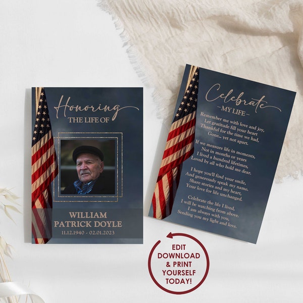 DIY EDITABLE American Flag Memorial Card Template | Military Veteran Funeral Prayer Card | Usa Flag Celebration of Life Flyer Poem | WILLIAM