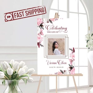 PRINTED Large Funeral Poster | Personalized Memorial Welcome Sign | Soft Pink Floral Custom Celebration of Life Poster Board | VIVIAN