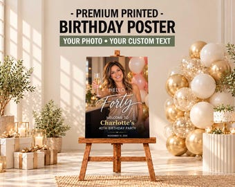 May include: A rectangular birthday poster displayed on a wooden easel, featuring a photograph of a person holding a glass, with the text "HELLO Forty WELCOME TO Charlotte's 40TH BIRTHDAY PARTY NOVEMBER 12, 2026" printed in white and gold.