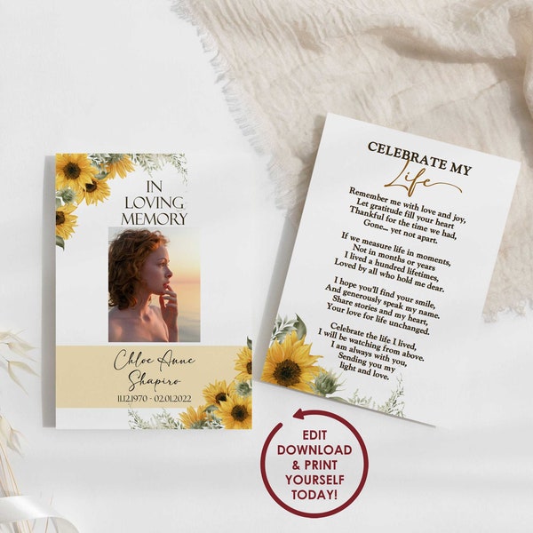 DIY EDITABLE Funeral Prayer Card Template for Celebration of Life | Yellow Sunflower Memorial Prayer Card | 2x3.5, 3.5x5, 5x7 - CHLOE