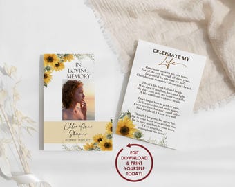 Modelo de cartão de oração fúnebre editável para celebração da vida | Cartão de oração memorial com girassol amarelo | 2x3,5, 3,5x5, 5x7 - CHLOE