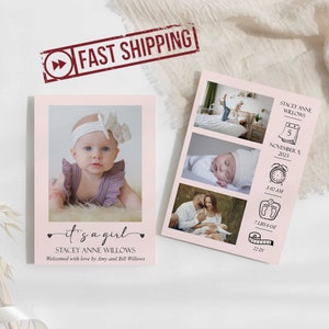 IMPRIMÉ carte photo personnalisée nouveau-né | Faire-part rose de naissance de bébé minimaliste | Cartes photo de naissance | Portefeuille A1 5x7 | STACEY