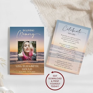 DIY EDITABLE Beach Sunset Memorial Card Template | Ocean Themed Funeral Prayer Card | Celebration of Life Flyer | 2x3.5, 3.5x5, 5x7 - LISA
