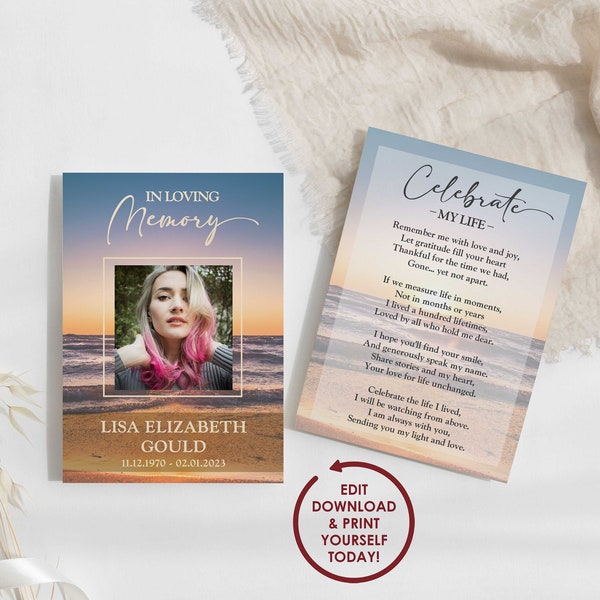 DIY EDITABLE Beach Sunset Memorial Card Template | Ocean Themed Funeral Prayer Card | Celebration of Life Flyer | 2x3.5, 3.5x5, 5x7 - LISA