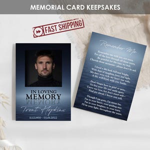 Cartes commémoratives IMPRIMÉES | Cartes de prière personnalisées pour funérailles | poème commémoratif de célébration de la vie sur le thème de l'océan bleu | Portefeuille A1 A2 5 x 7 | TRENTE