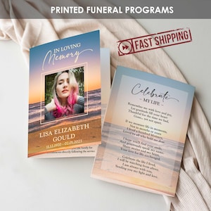 PRINTED Funeral Program - Sandy Beach Sunset | Celebration of Life Booklet |Sunrise Ocean Memorial Program | Obituary Funeral Flyer - LISA