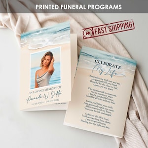PRINTED Funeral Program - Beach Themed  | Celebration of Life Booklet | Sandy Beach Ocean Memorial Program | Obituary Funeral Flyer - AMANDA