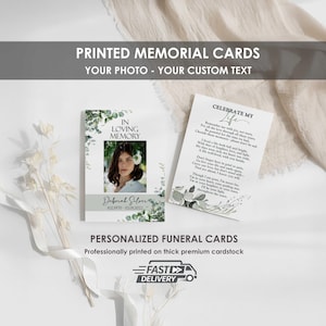 PRINTED Memorial Cards for Celebration of Life | Eucalyptus Greenery Custom Personalized Funeral Prayer Cards | Wallet A1 A2 5x7 | DEBORAH