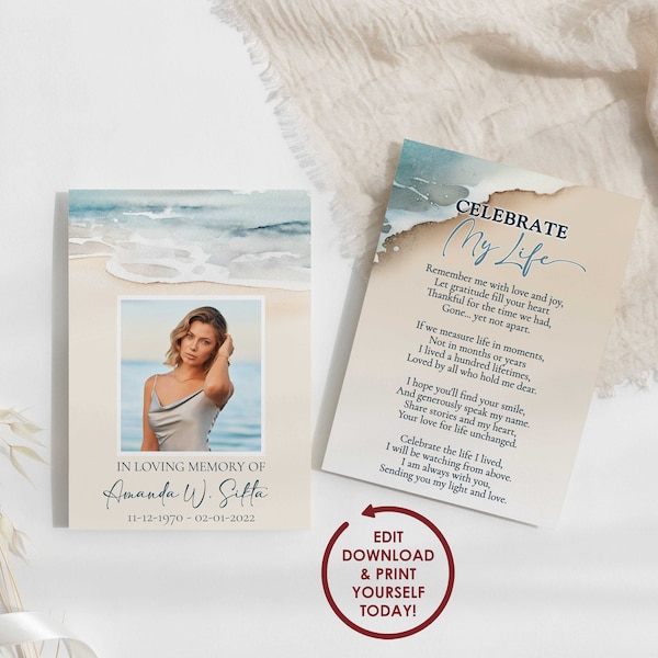 DIY EDITABLE Beach Themed Memorial Card Template | Ocean Themed Funeral Prayer Card | Celebration of Life Flyer | 2x3.5, 3.5x5, 5x7 - AMANDA