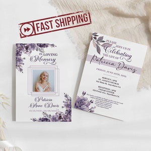 IMPRIMÉS Invitations florales violettes de célébration de la vie | Invitations personnalisées pour un service commémoratif avec des fleurs violettes | PATRICIA