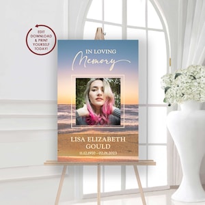 DIY EDITABLE Memorial Poster | Beach Sunset Celebration of Life Poster | Large Sunrise Beach Funeral Poster Board Welcome Sign - LISA