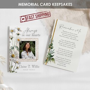 IMPRIMÉES Cartes commémoratives florales blanches | Cartes de prière pour les funérailles Marguerites blanches | Poème personnalisé de célébration de la vie | Portefeuille Souvenir 5 x 7 | ÉLAINE