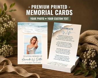 May include: Memorial cards with the text "PREMIUM PRINTED - MEMORIAL CARDS" and "YOUR PHOTO • YOUR CUSTOM TEXT". One card features a photo and the text "IN LOVING MEMORY OF Amanda W. Sifta 11-12-1970 - 02-01-2022". Another card has a poem.