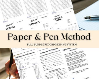 Puede incluir: Una colección de formularios y hojas de trabajo imprimibles para llevar los registros de un negocio. Los formularios incluyen un estimador de impuestos sobre la renta para trabajadores autónomos, papeleo para la contratación de nuevos empleados, un rastreador de kilometraje, un rastreador de gastos comerciales, un rastreador de ingresos comerciales y una orden de compra. Los formularios están diseñados para ayudar a los propietarios de pequeñas empresas a llevar un registro de sus finanzas y gastos.