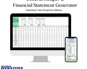 May include: A computer screen displaying a spreadsheet with the title "General Ledger & Financial Statement Generator - Individual/Sole Proprietor Edition". The spreadsheet is a green and white grid with columns for dates, descriptions, debits, and credits. A smaller screen shows a sample financial statement. The text "FULLY FUNCTIONAL EXCEL SPREADSHEET/AUTO-GENERATED FINANCIAL STATEMENTS" is at the bottom of the image.